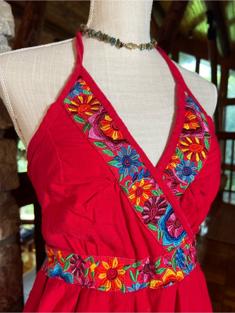 Red Embroidered Floral Halter Dress